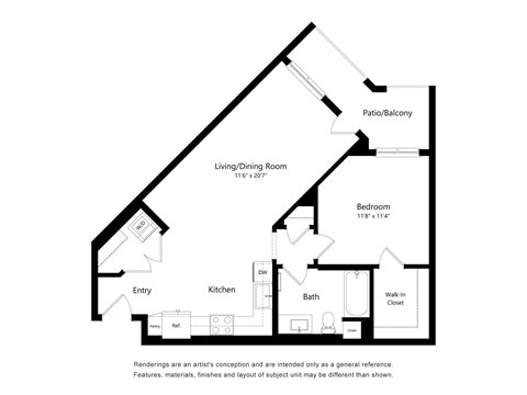 Floor plan for 1 bed, 1 bath, 772 sqft